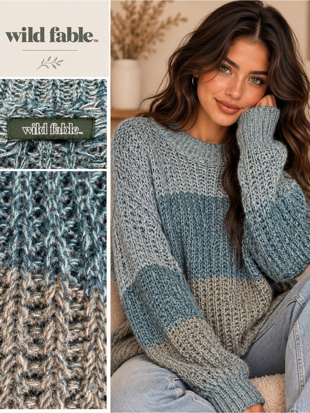 wild fable Two-Tone Teal Open-Knit Crewneck Sweater
